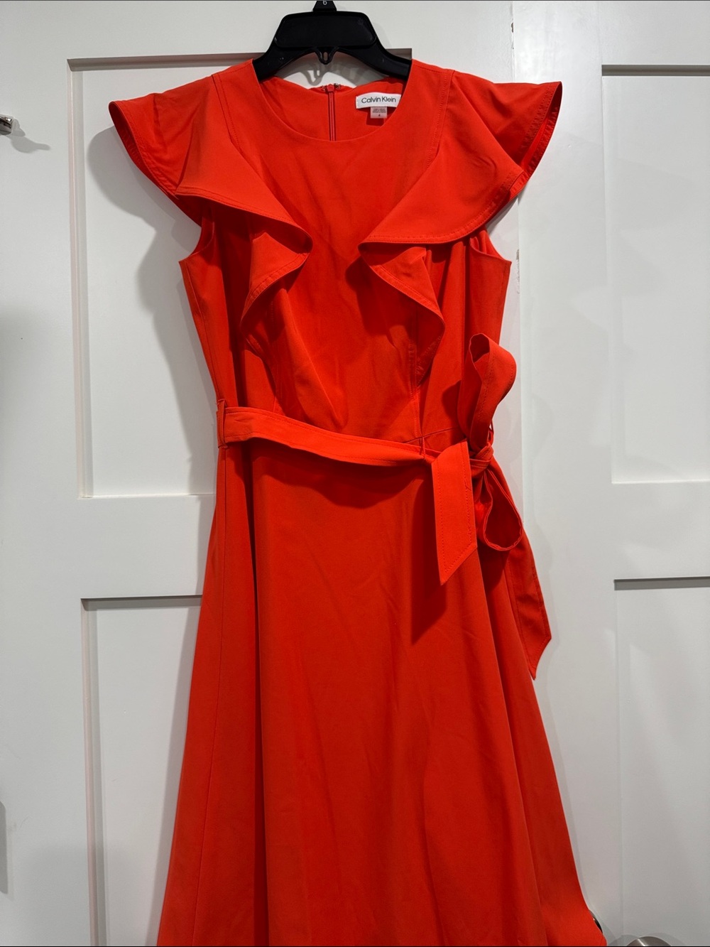 Calvin Klein Vibrant Red Ruffle Belted Fit-and-Flare Dress